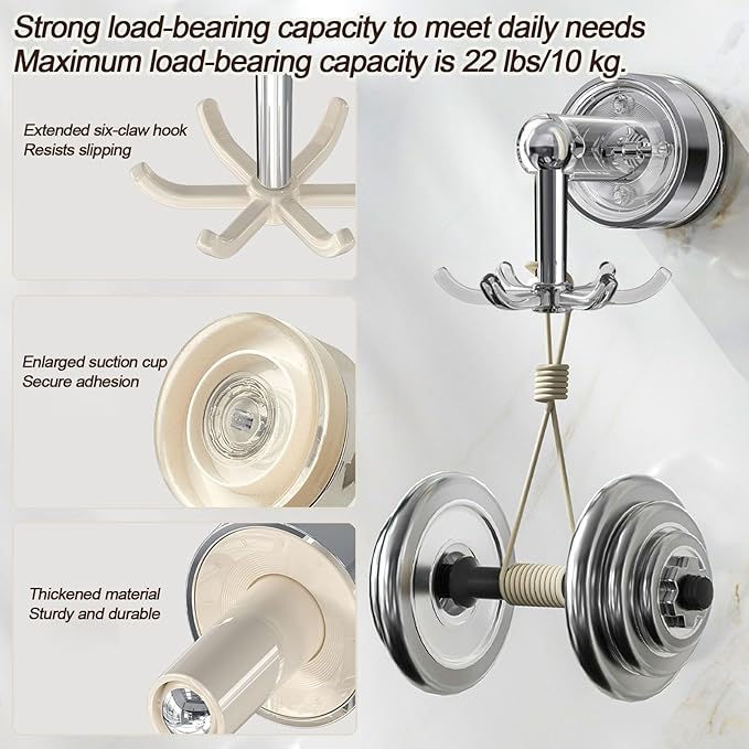 MFMYEE Kitchen Suction Cup Hook, 360 Degree Rotating Storage with Multiple Claws, Punch-Free Organizer, Shower Suction Cup with 6 Hooks (Transparent)