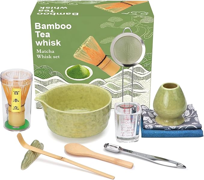 Matcha Whisk Set,11Pcs Matcha Set,Matcha Kit,Whisk Made from 100% Natural Bamboo, 11-component set for all your matcha-making needs,Contains stainless steel spoon, measuring cup(green)