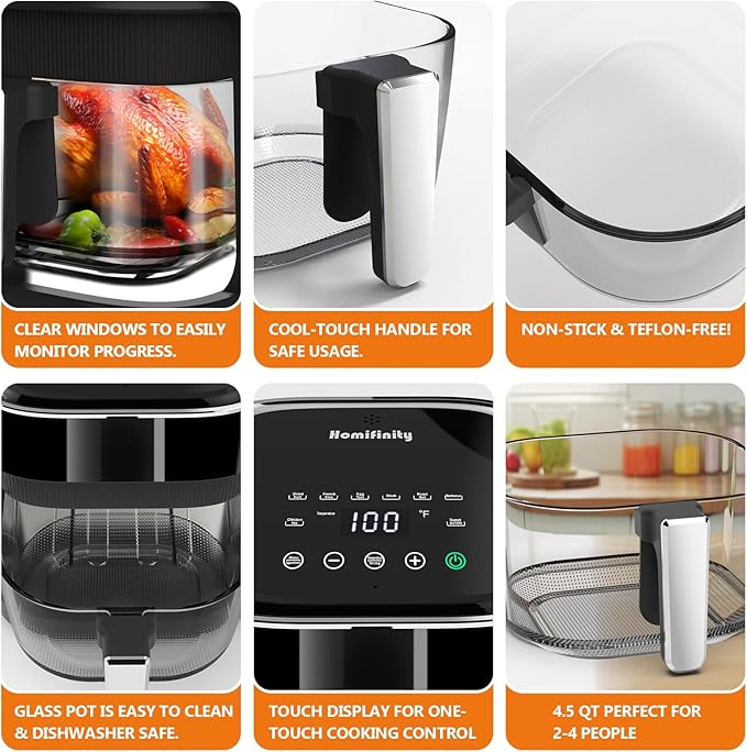 Glass Air Fryer 4.5 Qt, Non-Toxic Borosilicate Glass Basket with 360° View, Upgraded Food-Grade Stainless Steel Tray, 8-in-1 One-Touch Presets, Teflon-Free & Dishwasher Safe, Black