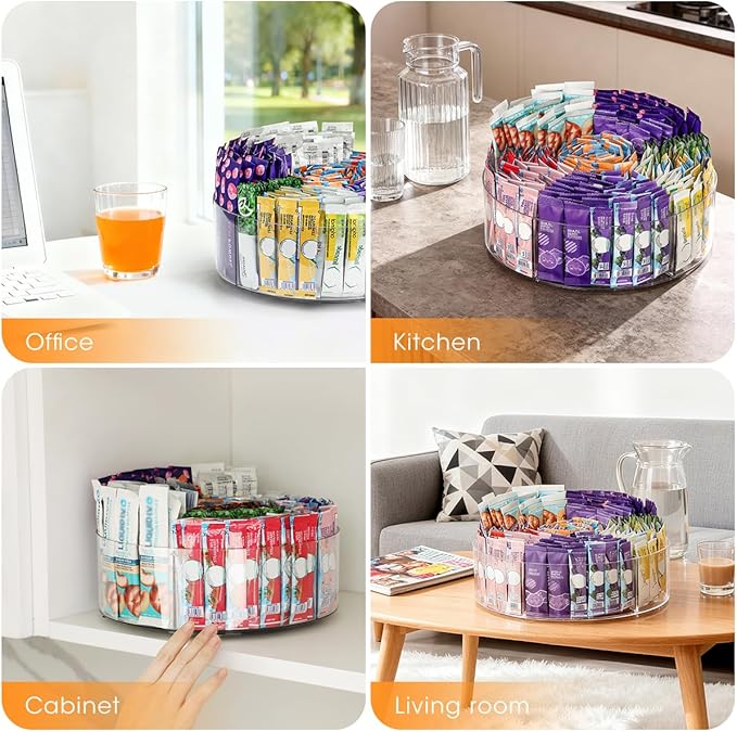 AIEVE Extra Large Drink Packet Organizer, 360° Lazy Susan Rotating Turntable for Larger Powder Drink Mix, Hydration Packets Acrylic Pantry Organizers for Kitchen Storage Organization