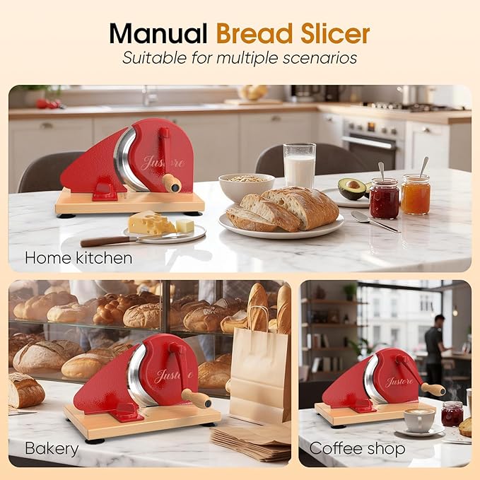 Manual Bread Slicer for Homemade Bread, Adjustable Thickness and Evenly Slicing, Sourdough Bread Slicer with Hand Crank, Clear Scale Line, Non-Slip Suction Base & Sharp Blade