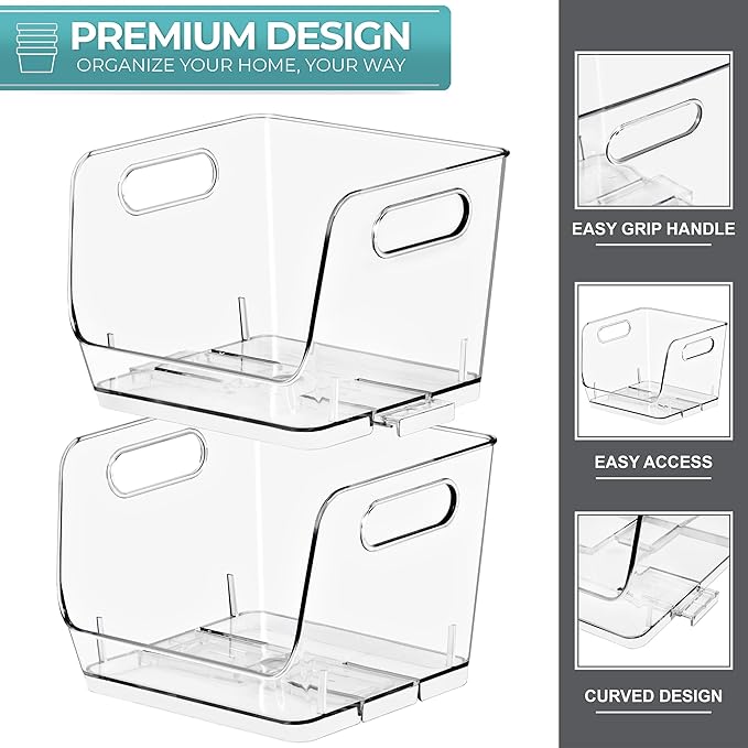 Sorbus Stackable Storage Bins Open Front, Clear Stackable Storage Bins, Pantry Bins for Storage and Organization, Acrylic Stackable Bins for Kitchen, Clear Pantry Organizer Bins (Small Square 6 Pack)