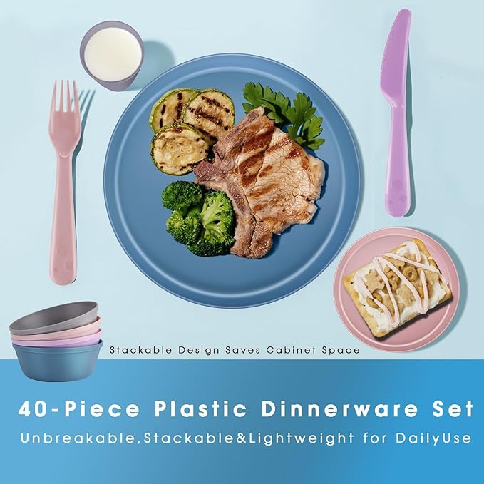 40 Piece Plastic Dinnerware Set for 8 with Cutlery, Unbreakable Plates and Bowls Set, Dishwasher & Microwave Safe Reusable Dish Set for Camping, RV, Outdoor Kitchen, Apartment Dining,Pastel Multicolo