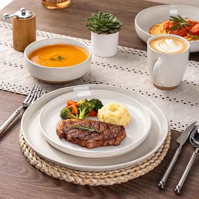 AmorArc Ceramic Dinnerware Sets with Pasta Bowls for 8, Handpainted Plates and Bowls Set with Rustic Terracotta Underside, Scratch Resistant Dishes Set, Dishwasher & Microwave Safe, 32 Pcs