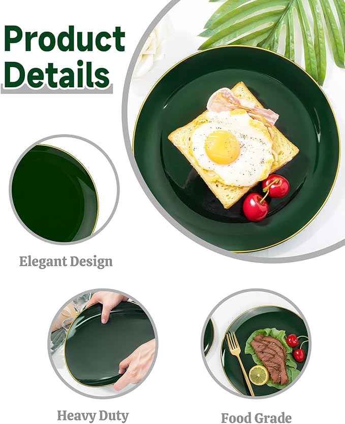 PULOTE 200PCS Green Plastic Plates - Heavy Duty Green Disposable Include 100 Each (10 inch Dinner & 7 inch Dessert) Plates for Christmas Party
