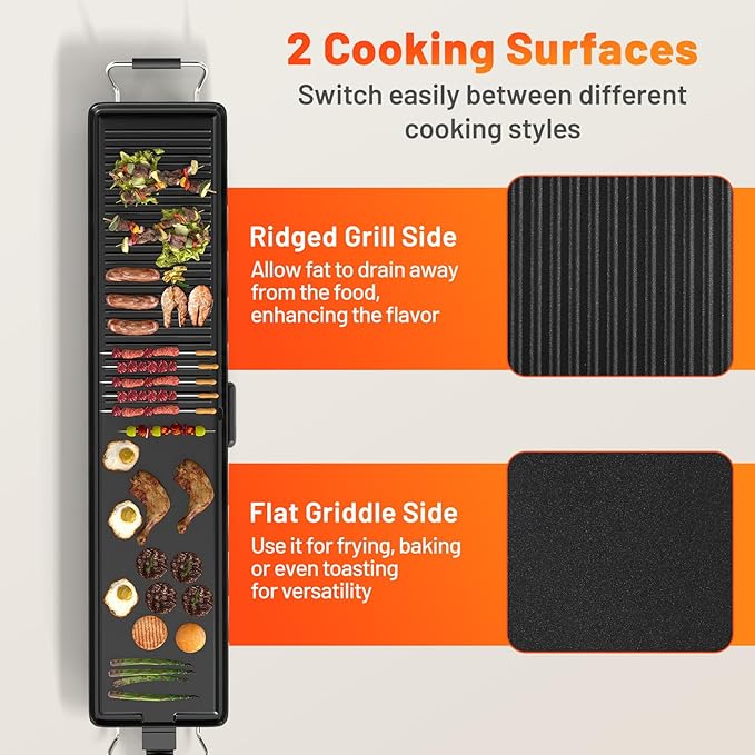 LDAILY 39.5’’ Extra Large Nonstick Electric Griddle, Teppanyaki Grill BBQ W/ 4 Adjustable Temperature, Even Heating & Handles, Long Table Top Pancake Griddle Grill for Indoor & Outdoor Party, Camping