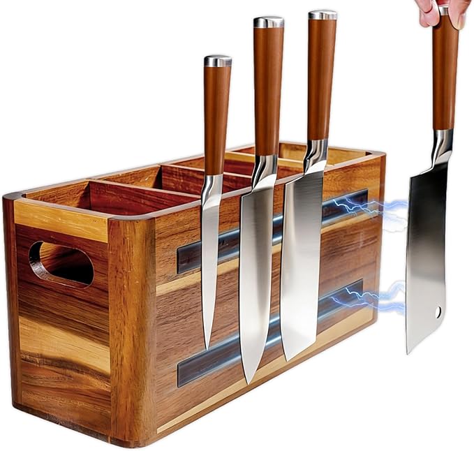 Wooden Kitchen Utensil Holder Organizer for Counter or Countertop, Large Wooden Utensil Holder 4 Compartment, Acacia Wood Container Extra Large.with Strong Magnets Multifunctional Storage Knife Holder