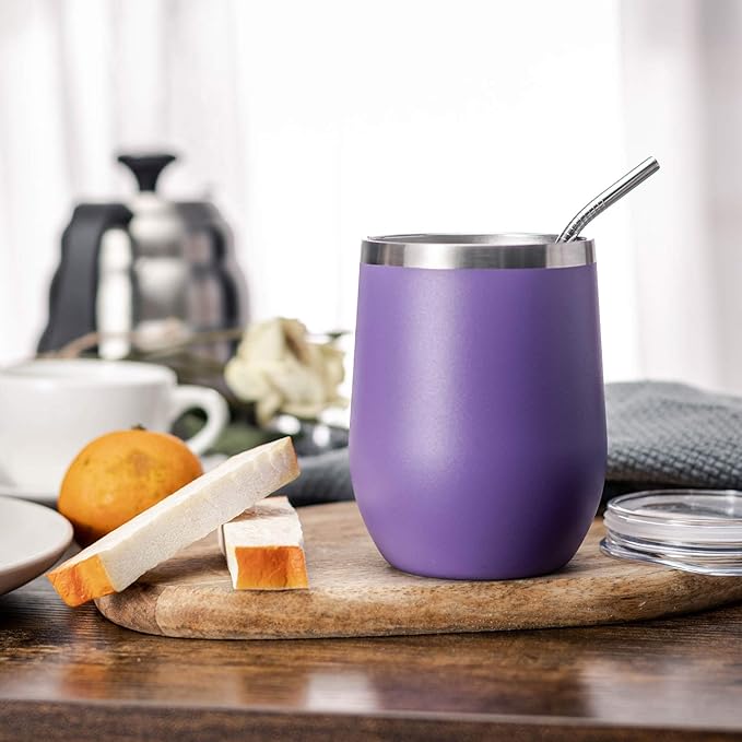 COMOOO Stainless Steel Wine Tumbler Glass Bulk with Lid and Straw 12oz Double Wall Vacuum Insulated Travel Tumbler Cup Stemless for Coffee Wine Cocktails Ice Cream Cup, Light Purple, 12 pack