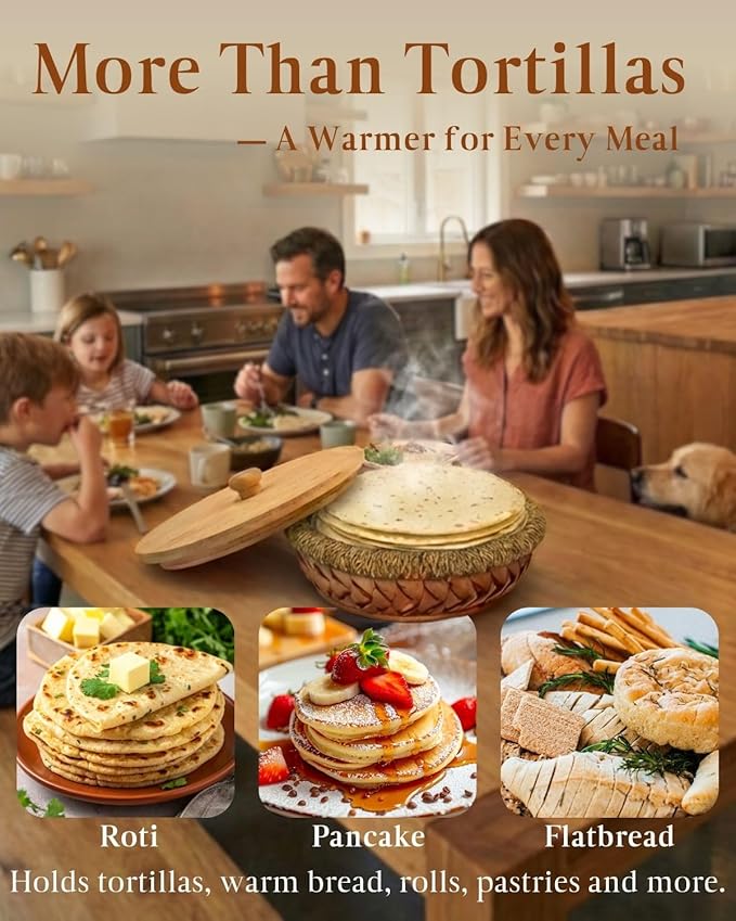 Rattan Weaving Tortilla Warmer Basket with Wooden Cover, 9.6" x 3.15" Natural Tortilla Holder with Cotton Liner, Handmade Basket for Tortillas, Roti, Pancake & Flatbread (Classic Brown)