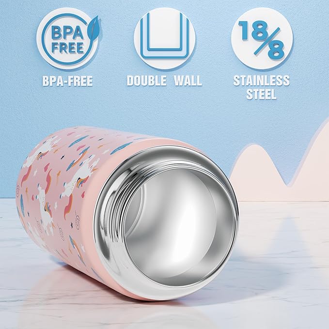 Fimibuke Kids Insulated Water Bottle, 14oz BPA FREE Double Wall Vacuum Tumbler 18/8 Stainless Steel Leak Proof Kids Cups with Straw Metal Bottle for School Boy Girl (2 Pack, UNICORN/WHITE DINOSAUR)