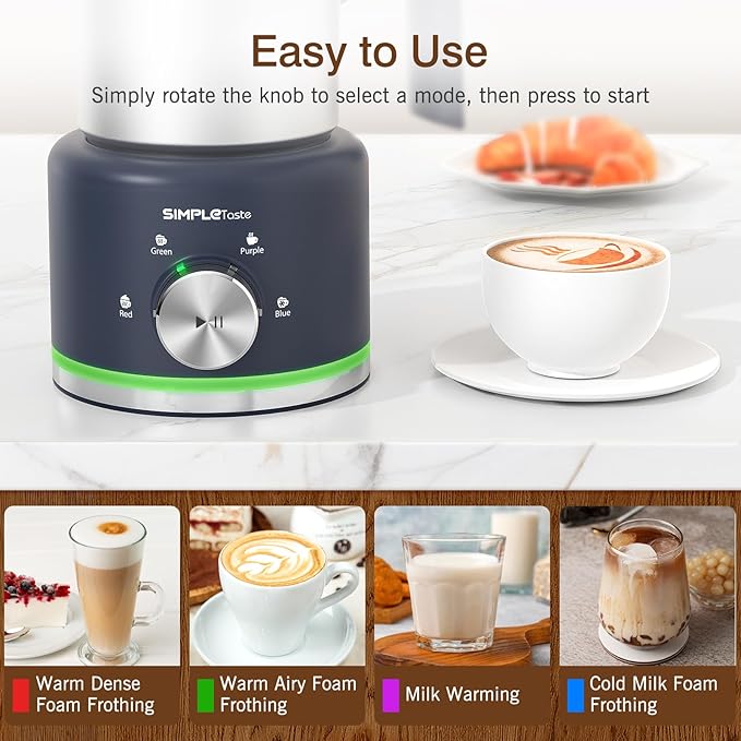 SIMPLETASTE Milk Frother, 4 in 1 Electric Milk Steamer, 16.91oz/500ml Automatic Warm and Cold Foam Frother for Coffee, Latte, Macchiato, Cappuccino, Hot Chocolate, Easy to Clean