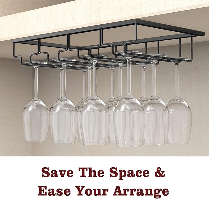 Nuovoware Wine Glass Rack, 4 Rows Wine Glass Holder Storage Hanger Metal Organizer Under Cabinet Stemware Rack for Bar Kitchen Cabinet, Black
