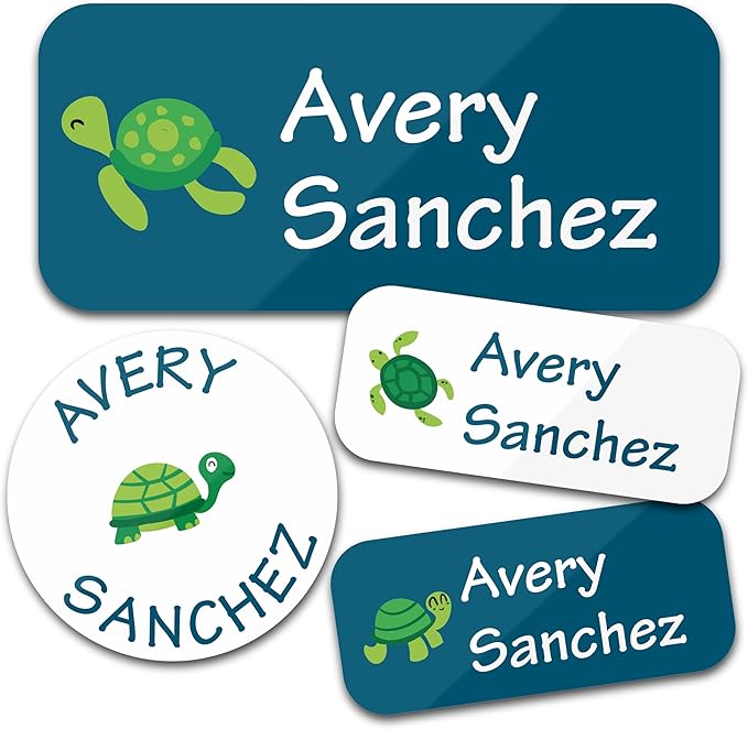 Personalized Daycare Name Labels for Kids (130 Labels) - Custom Waterproof Name Stickers for Clothing Tags, Water Bottles, Lunch Boxes and School Supplies (Turtles)