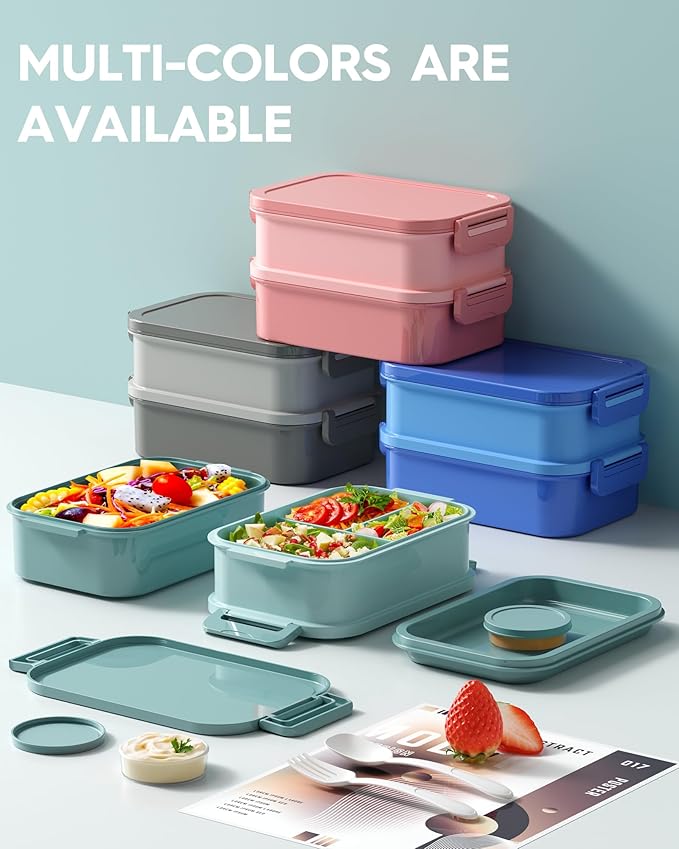 KEMETHY Adults Bento Lunch Box Set with Thermo Bag, 74oz Stackable Leak-proof 3-tiers Bento Box, Built-in Utensil and Sauce Container for Work, School, Dining Out (Green)