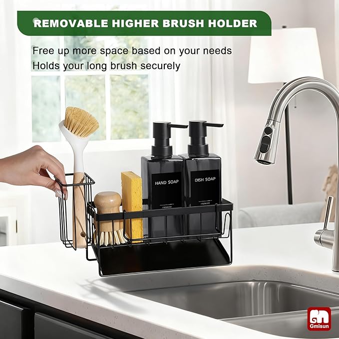GMISUN Dish Soap Dispenser for Kitchen, 12 fl oz / 350 ml Dual Kitchen Soap Dispensers with Sponge Holder, Transparent Black Glass Kitchen Soap Dispenser Set, Modern Hand and Dish Soap Bottle Set