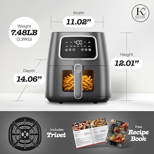 Kitchen Elite 5.5 Qt. Digital Air Fryer, Countertop Cooker with LED Screen, Presets for Air Fry, Roast, Dehydrate, Defrost and Reheat, Grey