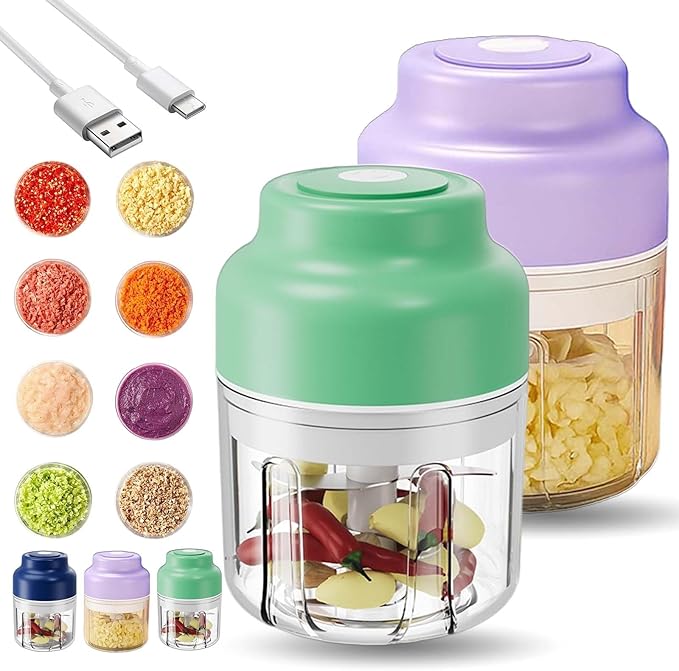 Household Electric Garlic Crusher, Electric Garlic Chopper, Mini Portable Veggie Chopper with 4/6 Stainless Steel Blades, Wireless Rechargeable Food Cutter for Garlic, Onion, Chili (2PCS-B,250ML)