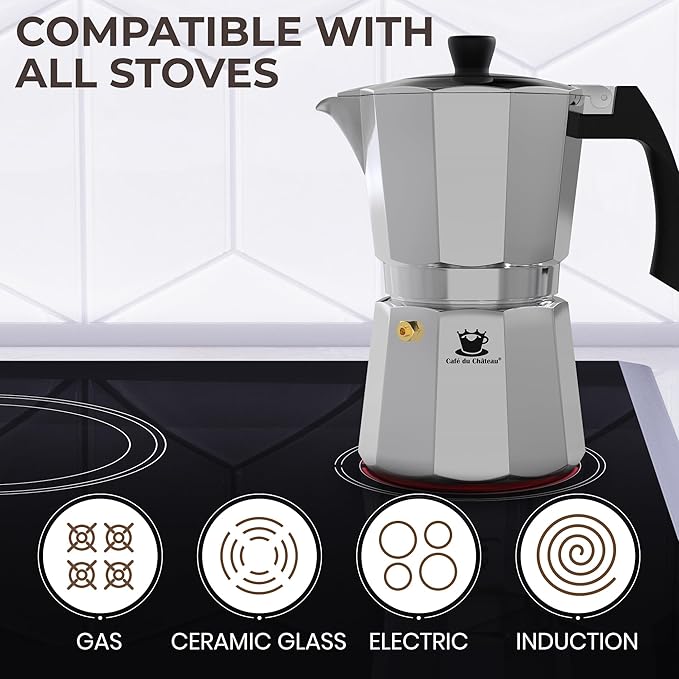 Cafe Du Chateau Moka Pot Espresso Maker - Makes 6 Espresso Cups - Stovetop Coffee Percolator with Clip Measuring Spoon - Ideal Cuban & Italian Coffee Maker