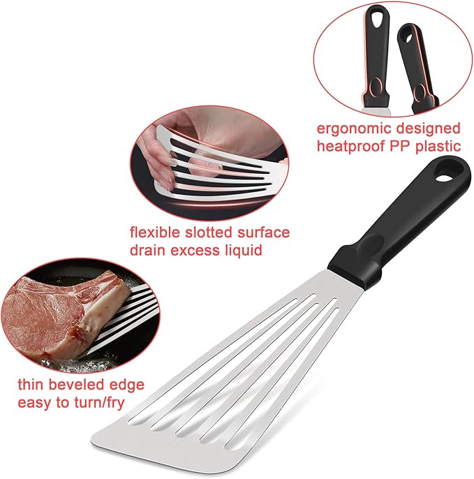 12.5In Fish Spatula, HaSteeL Stainless Steel Slotted Turner with Plastic Handle, Heavy Duty Metal Griddle Spatula for Grilling Cooking Baking Flipping Frying, Dishwasher Safe & Beveled Edge - 2Pcs
