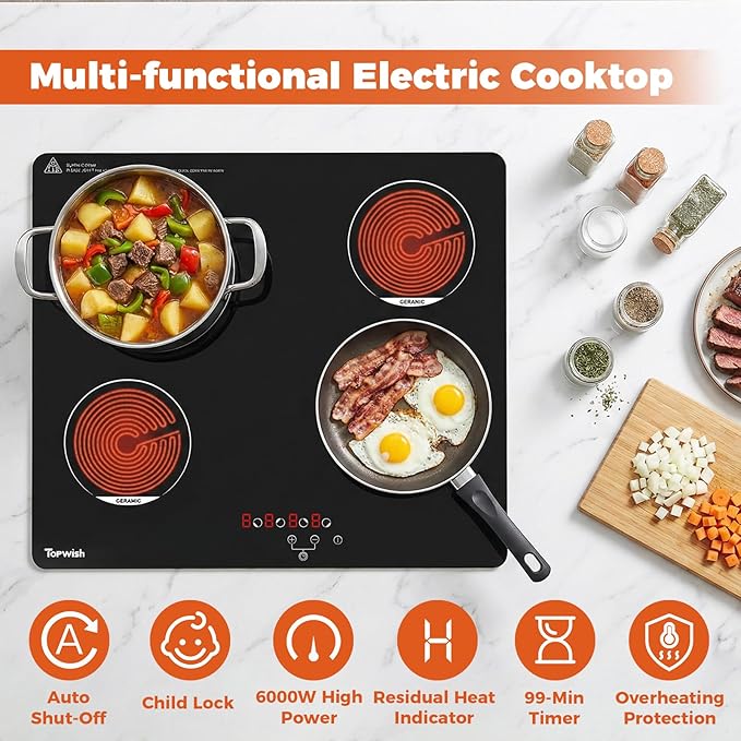 TOPWISH 24 Inch Electric Cooktop, 4 Burners Built-in Electric Stove Top Hot Plate, 6000W Drop-in Ceramic Cooktop Kitchen Stoves with Touch Control, Safety Lock, Timer, 220-240v (Hard Wired No Plug)