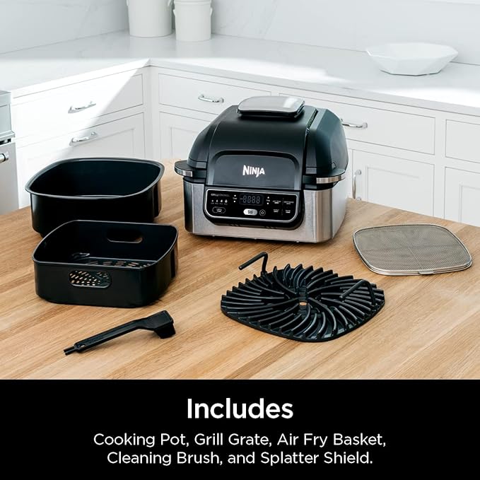 Ninja | Indoor Grill | Foodi | 5-in-1 (Grill, Air Fry, Roast, Bake, and Dehydrate | Fits up to 3lb Roast | Smoke Control System and Dishwasher Safe Parts| Black/Grey | AG301