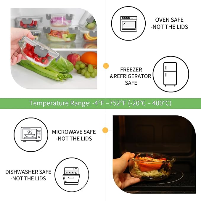HOMBERKING Glass Food Storage Containers with Lids, [18 Piece] Glass Meal Prep Containers, Airtight Lunch Bento Boxes, BPA-Free & Leak Proof (9 lids & 9 Containers) - Grey