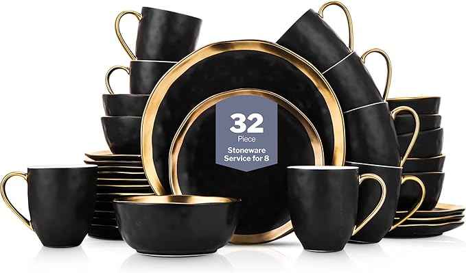 Stone Lain Florian Modern Porcelain Dish Set, 32-Piece Dishes for 8, Gold and Black