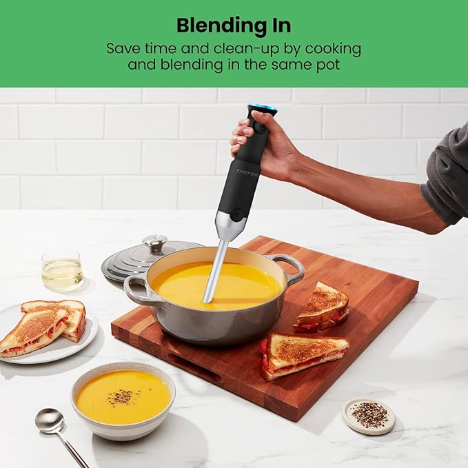 Chefman Cordless Power Portable Immersion Blender, Ice Crushing Power with One-Touch Speed Control, USB Charging, Quickly Mixes Smoothies, Purees Soups, Dips, Sauces, Storage Case, Stainless Steel