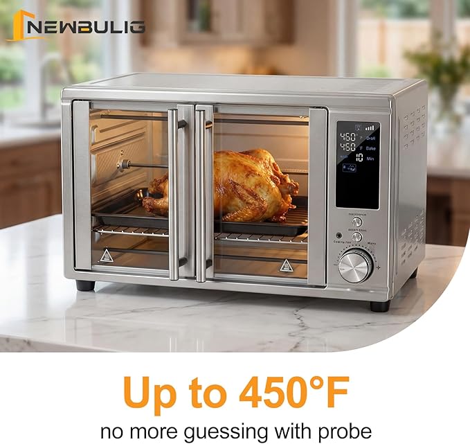 NEWBULIG 30QT Smart Air Fryer Toaster Oven Combo, 13-in-1 Double-Door Airfryer Oven, 0-450°F Temperature Control, 0-250°F Probe Control, Rotisserie & Mesh Basket, Professional Home Cooking
