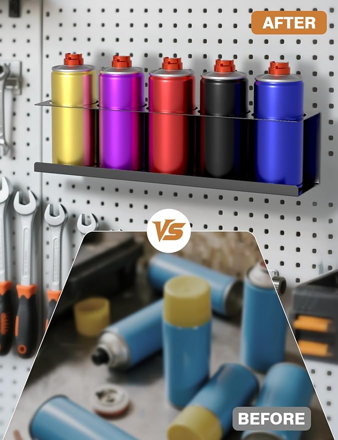 6 Pack Spray Can Holder Organizer, Wall-Mounted Steel Spray Bottle Rack, Tool Box Storage Rack, 5 Cans Metal Paint Can Organizer for Garage, Workspace, Shop, Home or Tool Trailer, Black
