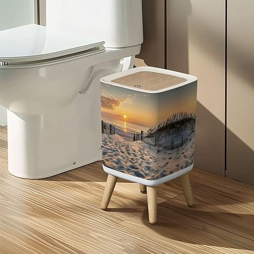Small Trash Can with Lid Sunrise Beach Wastebasket with Press Cover Dog Proof Garbage Can Waste Bin for Kitchen Bathroom Nursery 2.6 Gallon