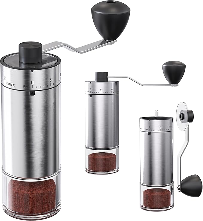 Portable Coffee Grinder Conical Burr for Espresso French Press Pour Over Double Bearing Internal Adjustment Capacity 25g (Silver-Ceramic Burr)
