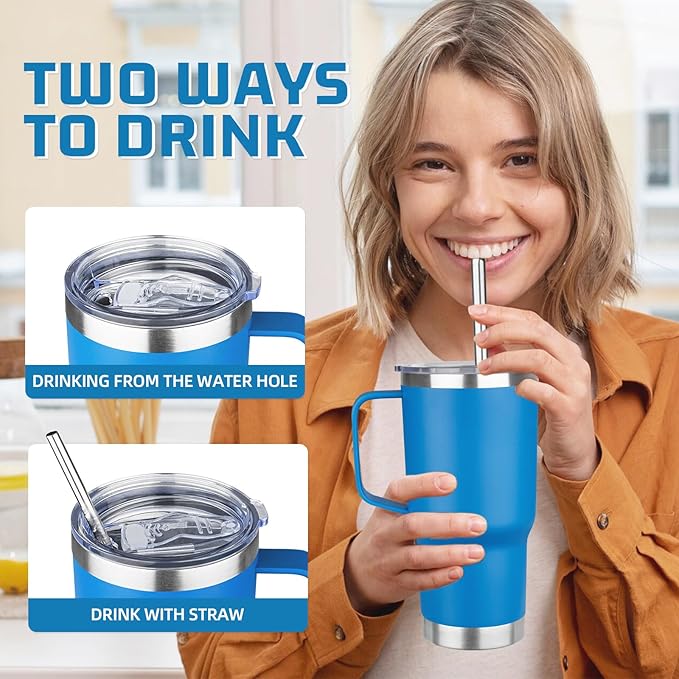 20 oz Tumbler with Handle Stainless Steel Insulated Coffee Tumbler with Lid and Straw Double Wall Vacuum Insulated Coffee Mug Leak Proof Travel Mug Tumbler for Hot and Cold Drink (Sea Blue,8pack)