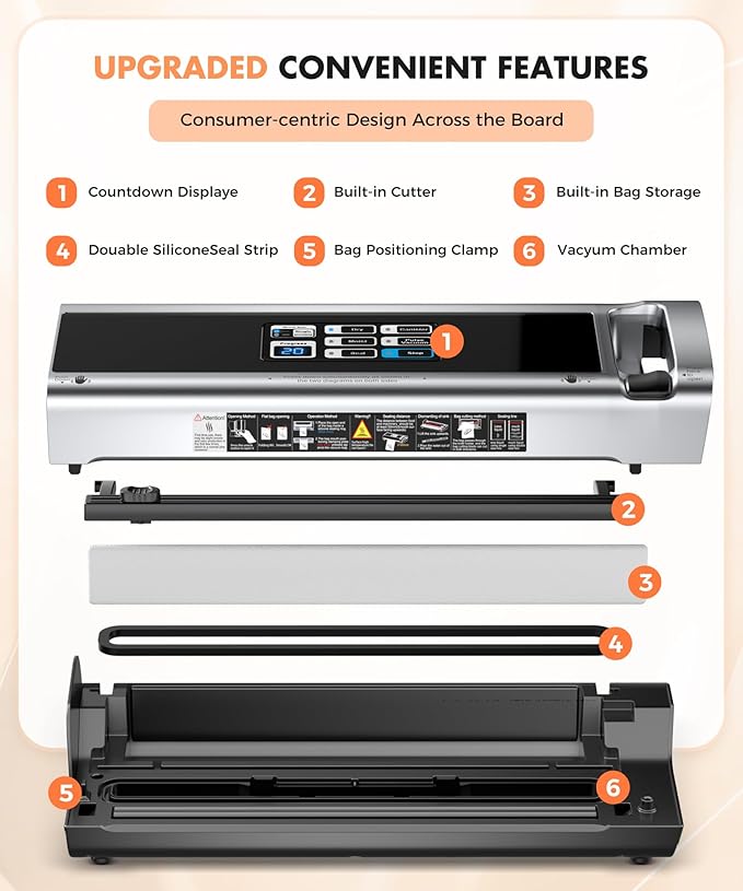 90KPa Portable Vacuum Sealer Machine for Food, One-Touch Open Lid, Detachable & Easy to Clean, Vertical Placement Saves Space, Powerful Suction for Freezer Bags & Food Storage