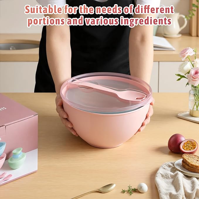 16 Piece Plastic Mixing Bowls with Lids Set - Nesting Bowls Set includes 8 Prep Bowls and 8 Lids, 2-in-1 Spoon-Fork, Large Salad Bowl for Preparing, Serving, and Storing, Dishwasher & Microwave Safe