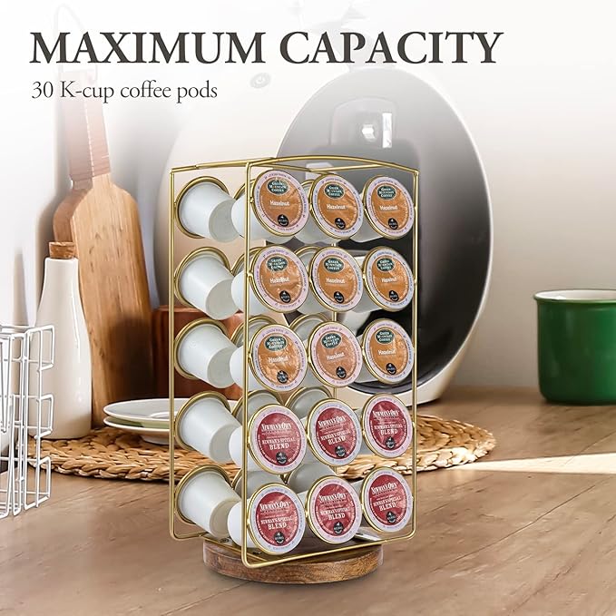 MyGift Modern Brass Tone Plated Metal and Brown Mango Wood Coffee Pod Holder Stand - Tabletop Café Bar Coffee Capsule Storage Rack - Handcrafted in India