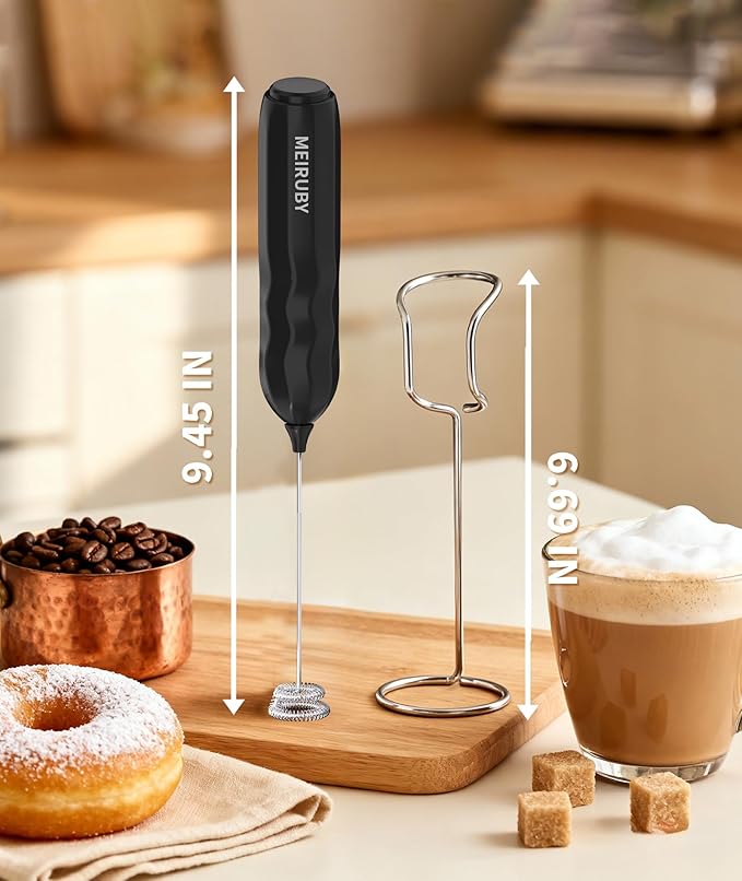 MEIRUBY 2-Pack Milk Frother Handheld with Stand, Valentines Day Gifts for Him and Her, Powerful Electric Coffee Frother, Coffee Lover Gift for Lattes, Cappuccino, Matcha & Hot Chocolate, Black/White