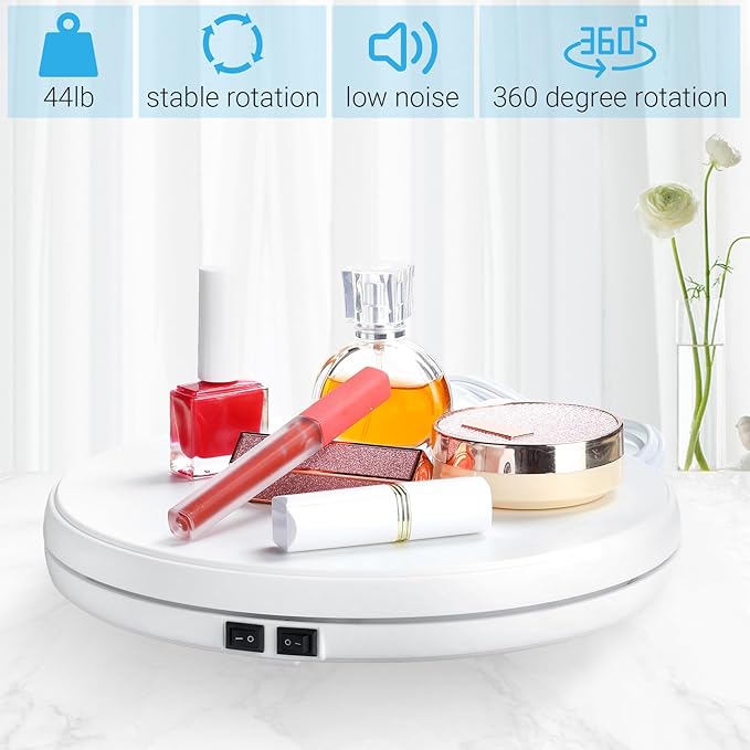 Tuanse 10 Inch Electric Motorized Rotating Turntable Cup Display Stand with LED, 44 lb Centric Loading for Table, 360 Degree Product Display Stand for Shop Jewelry Photography Video(White)