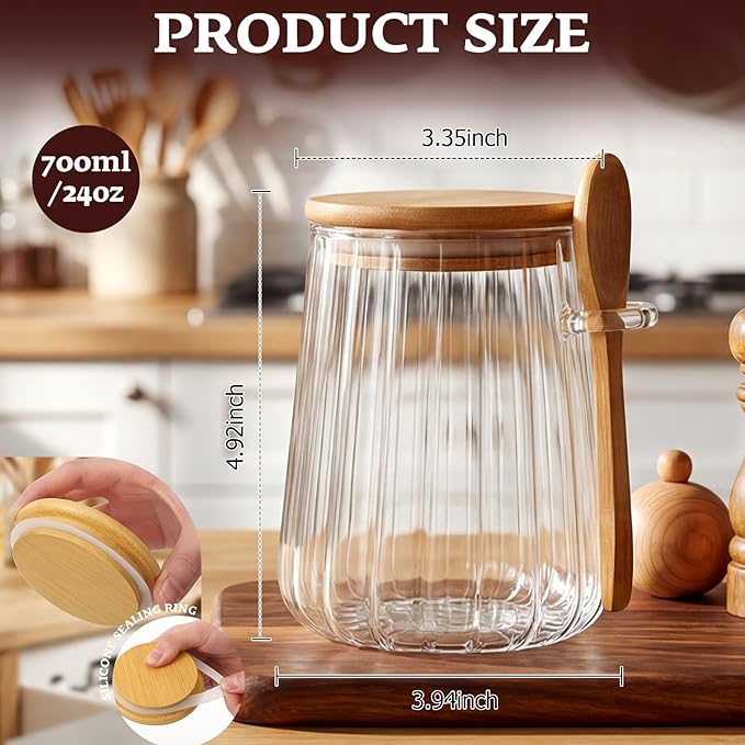 6 Pcs Glass Jar Sugar Container with Bamboo Spoons Lids 24 oz Large Sugar Container Glass Coffee Bowls Canister Coffee Bar Accessories with Labels Preprinted for Salts Tea Spice