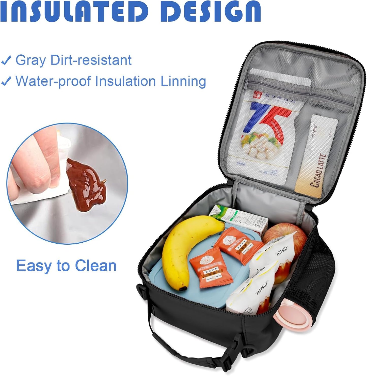 Initial Insulated Lunch Bag for Boys Kids, Back to School Gift, Reusable Leak-proof Lunch Box with Adjustable Strap for School Daycare Travel Picnic（Black，W）