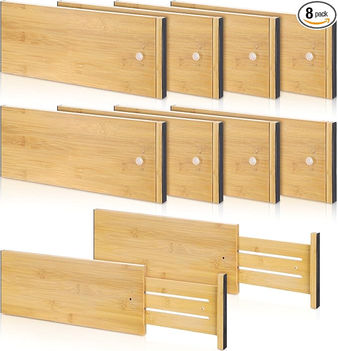 DoubleFill 8 Pcs Deep Bamboo Drawer Dividers, Deep Kitchen Dresser Drawer Organizer with Spring Loaded for Clothes, Adjustable Expandable from 15-22 Inch (Wood Color,6 Inch)