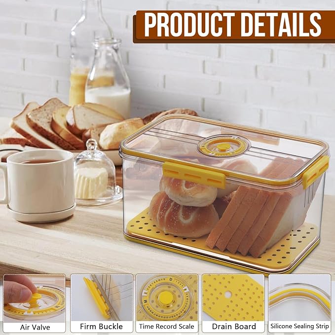 Gifhomfix Bread Box Bread Boxes for Kitchen Counter Airtight, Time Recording Bread Storage Container with Lid, Bread Keeper for Homemade Bread, Toast, Bagel, Donut and Cookies, LARGE Yellow
