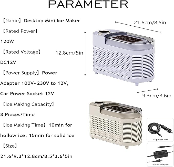 Countertop Ice Maker, Electric Ice Machine, 8 Cubes Ready in 10 Mins, Portable Ice Cube Maker with Car Power Cord, for Home & All Spaces, Clear & Large Ice Cubes,Purple