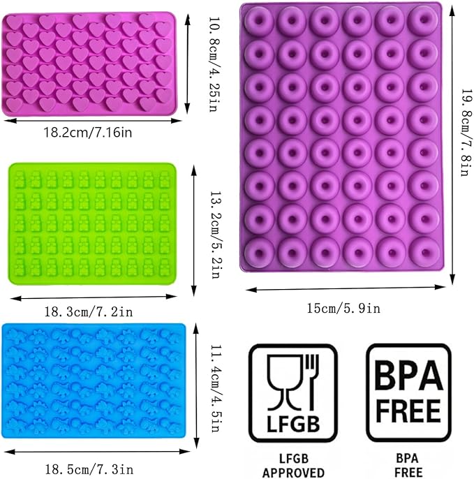 Gummy Candy Molds - Silicone Gummy Dinosaur/Donut/Small Hearts Shapes/Bear Mold with 2pcs Dropper,Non-stick and Bpa Free for Mini Candy Chocolate Gummies Baking