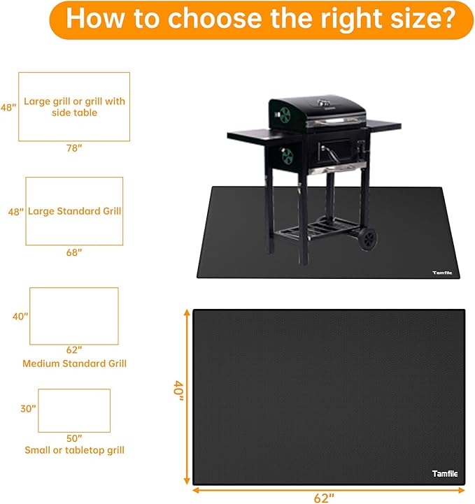 Tamfile Large 62 x 40 Inch Under Grill Mats for Outdoor Grill, Double-Sided Fireproof Heat-Resistant Pad, Indoor Fireplace/Fire Pit Rubber Mat, Oil-Proof Waterproof BBQ Protector for Deck and Patio