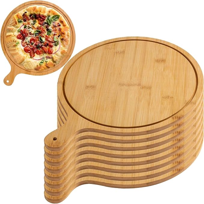 6 Pack Pizza Board Set – Premium Wooden Pizza Plates for Serving & Cutting, Round Bamboo Pizza Plate with Handle, Durable & Lightweight for Home & Restaurant (Up to 13 Inches),13inch