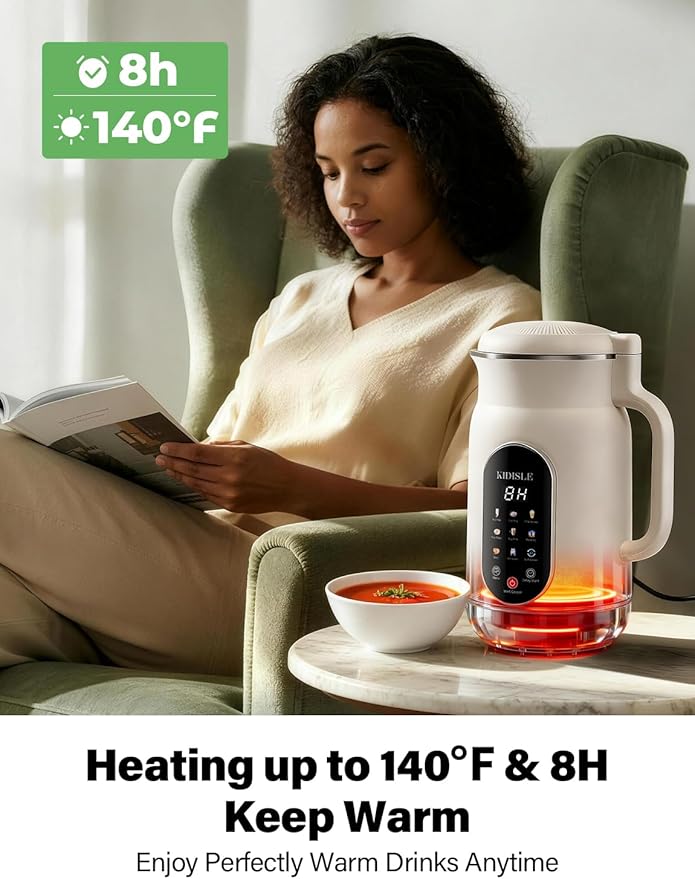 KIDISLE Nut Milk Maker Machine 51oz, 10-in-1 Soup Maker with 140℉ Heating & 8H Keep Warm, Touch Screen Plant-Based Milk Maker for Almond, Oat & Soy, 12H Delay Start & Self-Clean, Noise Reduction