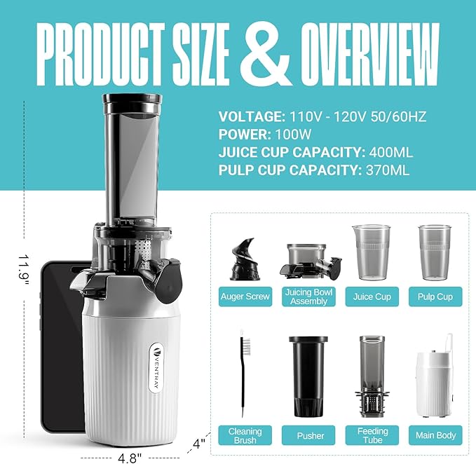Ventray Ginnie Mini Cold Press Juicer, Small Slow Masticating Juicer for Vegetables and Fruits, High Juice Yield, Easy to Clean, Space-Saving, Fit for Personal/Travel/Picnic/Office - White
