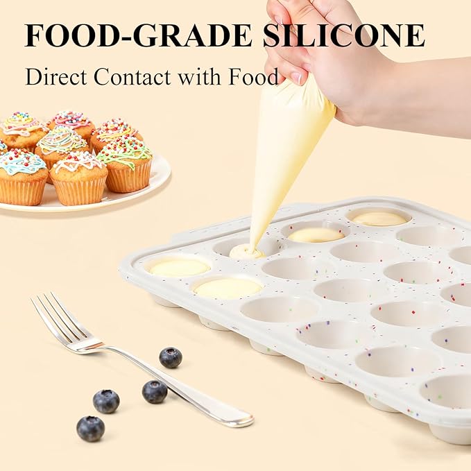 Vinino 2-Pack Silicone Mini Muffin Pan for Baking, 24 Cup Mini Cupcake Pan with Metal Reinforced Frame, Nonstick Muffin Tray with Non-Slip Handle, Silicone Molds for Oven, BPA Free, Dishwasher Safe