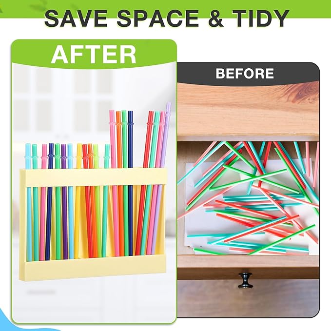 Qinyoung Acrylic Straw Holder for Cabinet Door with Double Sided Adhesive Tape Reusable Straw Organizer Tumbler Storage Kitchen Accessories Container for Counter Cupboard(Classic,Large,Cream Color)